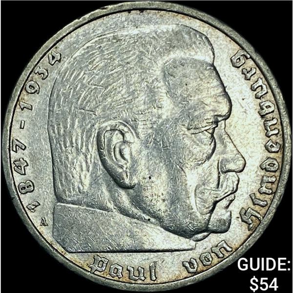 1935-A Germany Silver 5 Reichsmark CHOICE AU