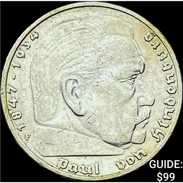 1936-F Germany Silver 5 Reichsmark CLOSELY UNCIRCULATED