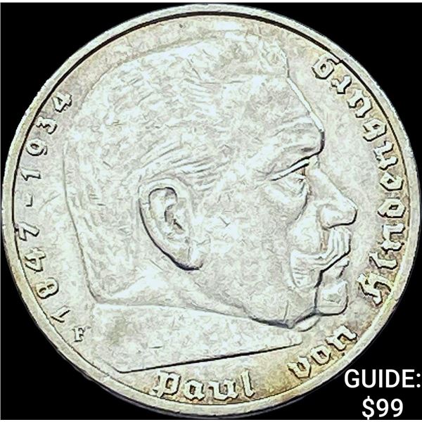 1936-F Germany Silver 5 Reichsmark CLOSELY UNCIRCULATED