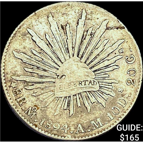 1894Mo AM Mexico Silver 8 Reales Cap & Ray NEARLY UNCIRCULATED