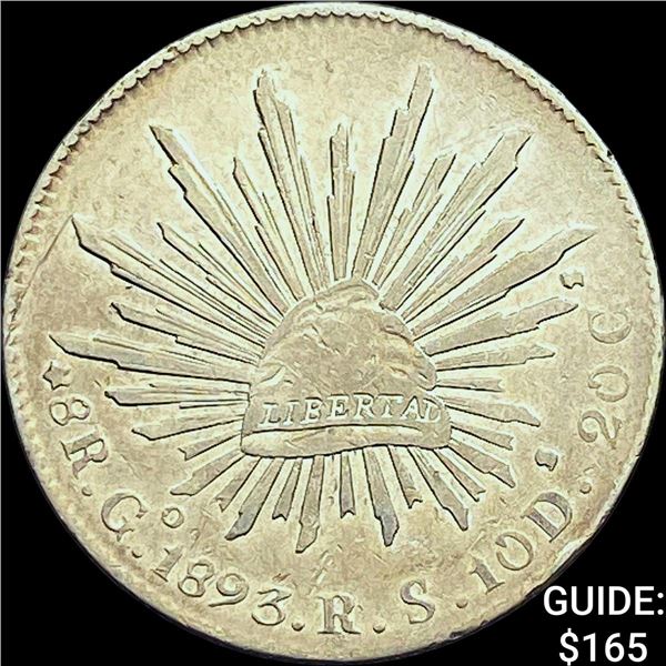 1893Go RS Mexico Silver 8 Reales Cap & Ray CLOSELY UNCIRCULATED