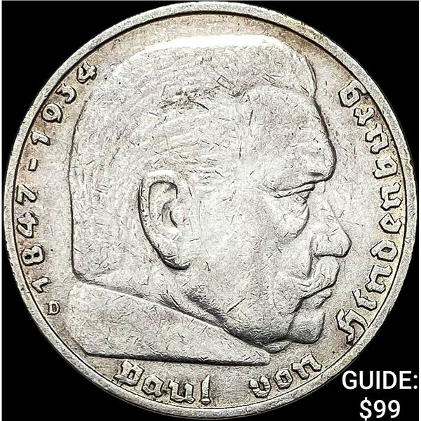 1936-D Germany Silver 5 Reichsmark CLOSELY UNCIRCULATED