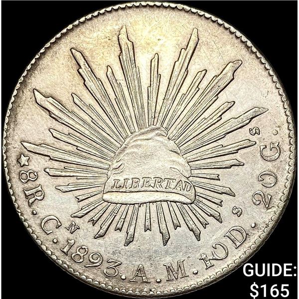 1893Cn AM Mexico Silver 8 Reales Cap and Rays CHOICE AU