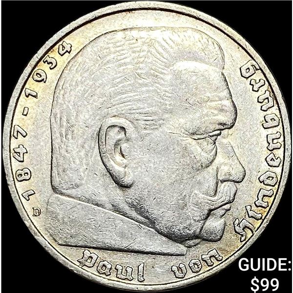 1936-D Germany Silver 5 Reichsmark CLOSELY UNCIRCULATED