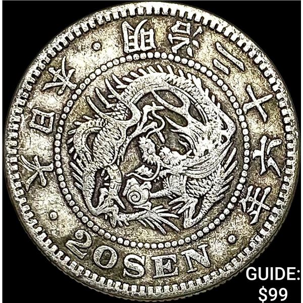 1877-1905 Japan Silver 20 Sen NEARLY UNCIRCULATED