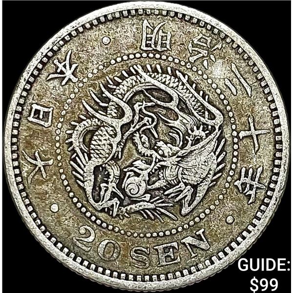 1877-1905 Japan Silver 20 Sen NEARLY UNCIRCULATED