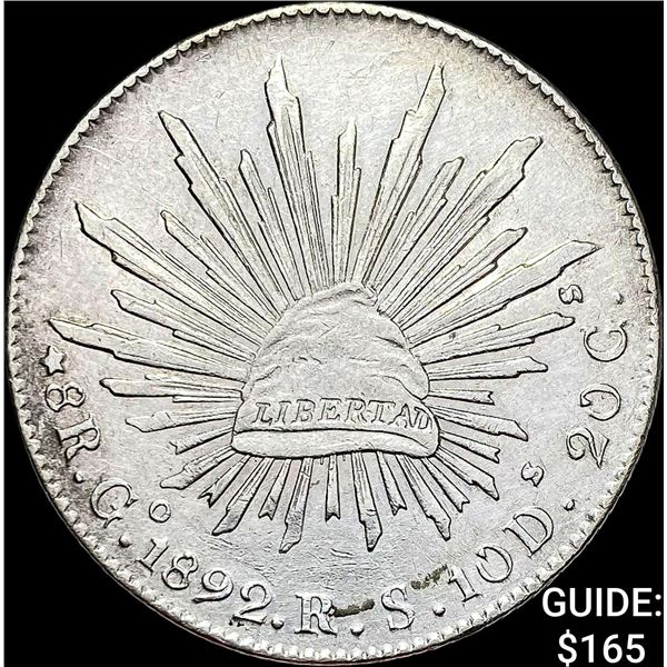 1892Go RS Mexico Silver 8 Reales Cap and Rays CHOICE AU