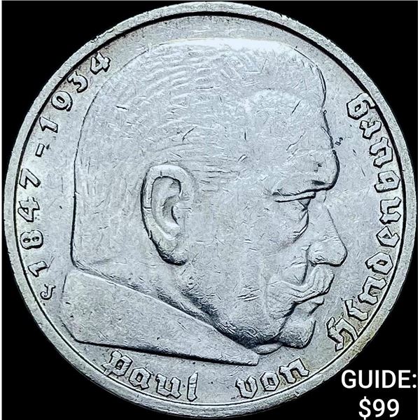 1937-J Germany Silver 5 Reichsmark CLOSELY UNCIRCULATED