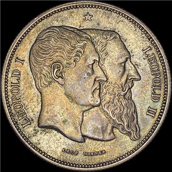1880 Belgium Silver 5 Francs Leopold I & II HIGH GRADE
