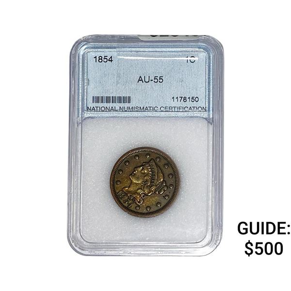 1854 Braided Hair Large Cent NNC AU55