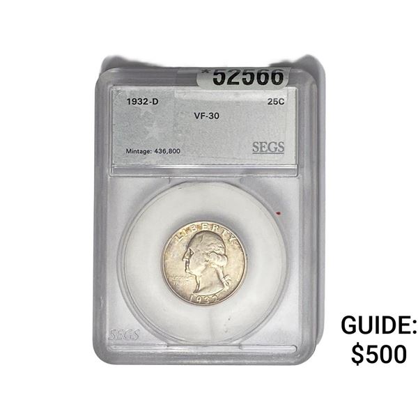 1932-D Washington Silver Quarter SEGS VF30