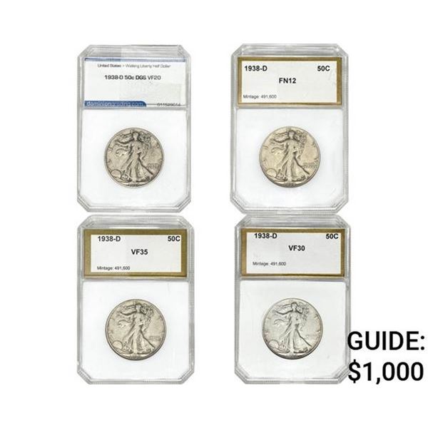 [4 Coins] 1938-D Walking Liberty Half Dollar PCI/DGS  VF20-35/FN12