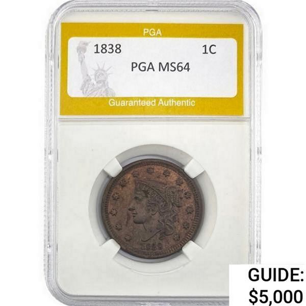 1838 Coronet Head Large Cent PGA MS64