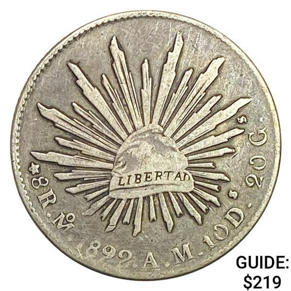 1892 Mo AM Mexico Silver 8 Reales Cap&Ray NEARLY UNCIRCULATED