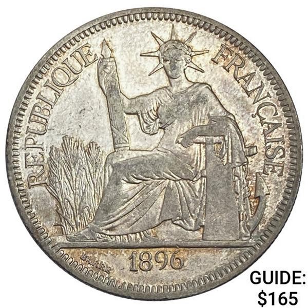 1896 French Indochina Silver Piastre NEARLY UNCIRCULATED