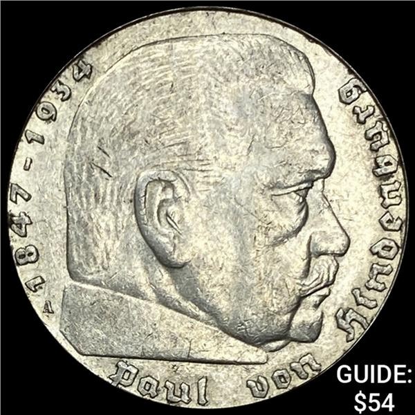 1936-A Germany Silver 5 Reichsmark CLOSELY UNCIRCULATED