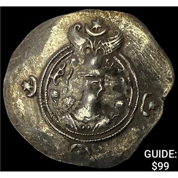 Sasanian Khusro II 591-628 Silver Drachm ABOUT UNCIRCULATED