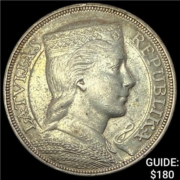 1932 Latvia Silver 5 Lati KM 9 CHOICE AU