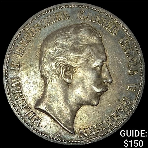 1907-A Prussia Silver 5 Reichsmark NEARLY UNCIRCULATED