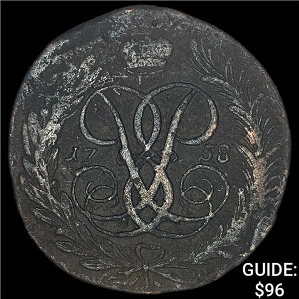 1758 Russia Copper 5 Kopeks NEARLY UNCIRCULATED