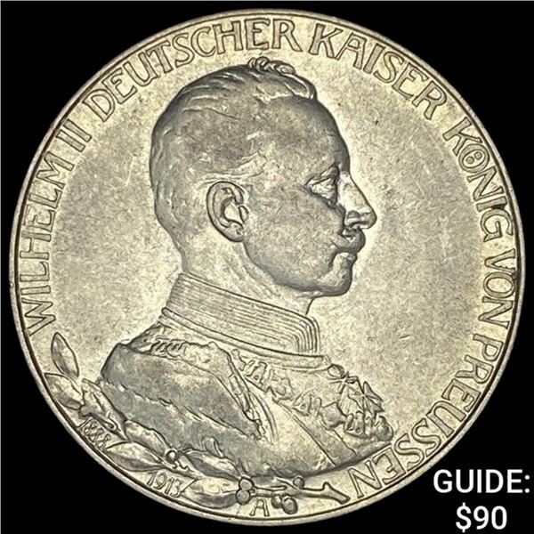 1913 Prussia Silver 2 Reichsmark CHOICE AU