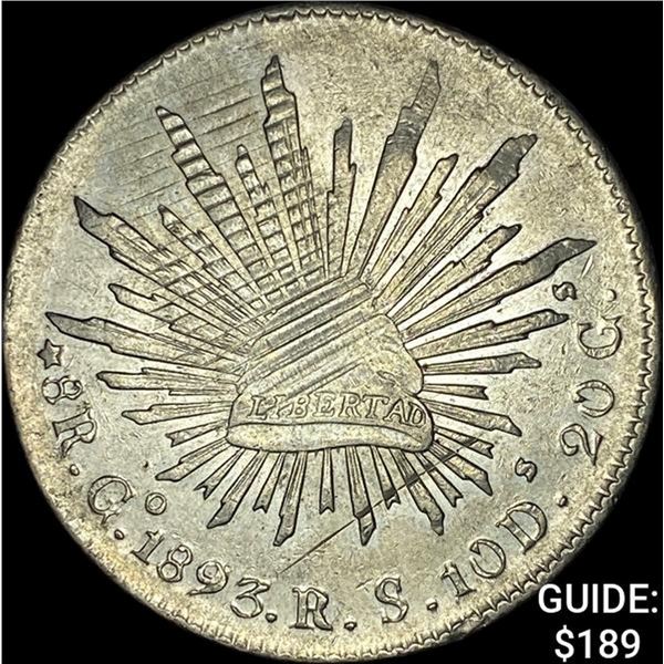 1893Go RS Mexico Silver 8 Reales Cap & Ray CLOSELY UNCIRCULATED