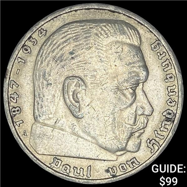 1936-A Germany Silver 5 Reichsmark CLOSELY UNCIRCULATED
