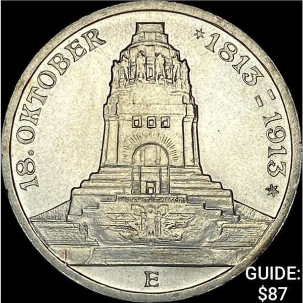 1913 Saxony Silver 3 Reichsmark UNCIRCULATED