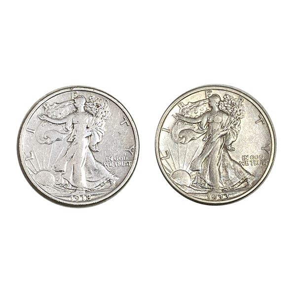 1918-D, 1933-S Better Date Walking Lib Half Dollar[2 Coins]
