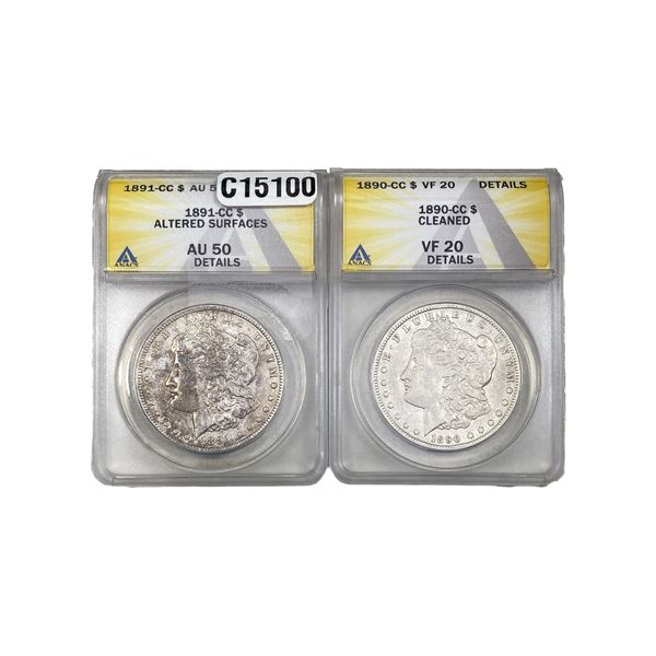 1890-CC, 1891-CC Key Date Morgan Silver Dollar Lot [2 Coins] ANACS VF/AUDET
