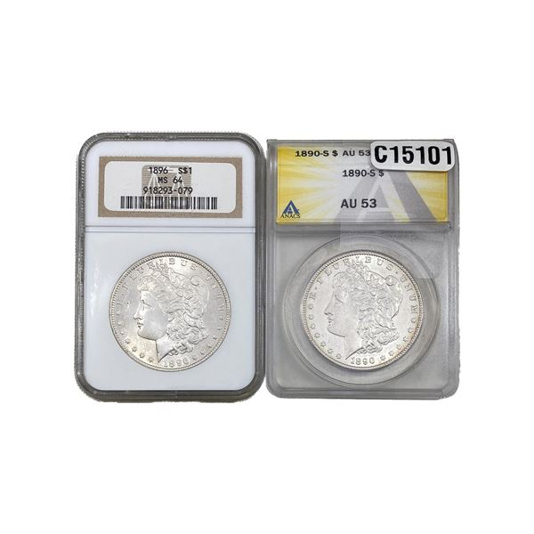 1890-S,1896 Morgan Silver Dollar[2Coins] ANACS/NGC AU/MS53/64