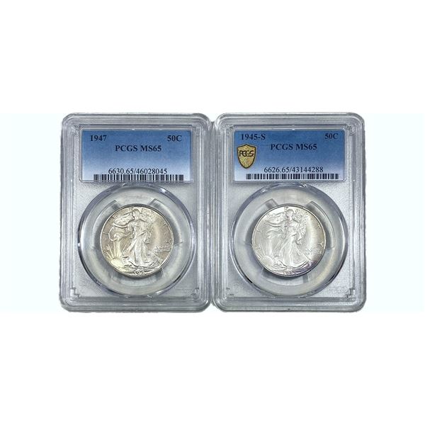 1945-S / 1947 GEM BU Walking Lib Half Dollar[2Coins] PCGS MS65