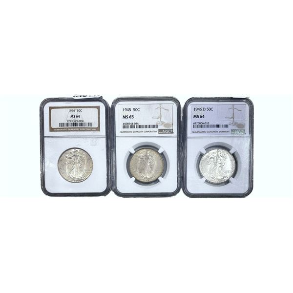 1945-1946 GEM BU Walking Lib Half Dollar[3Coins] NGC MS64/65