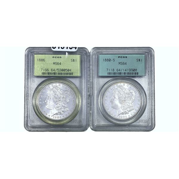 1880-S,1886 Morgan Silver Dollar [2 Coins] PCGS MS64