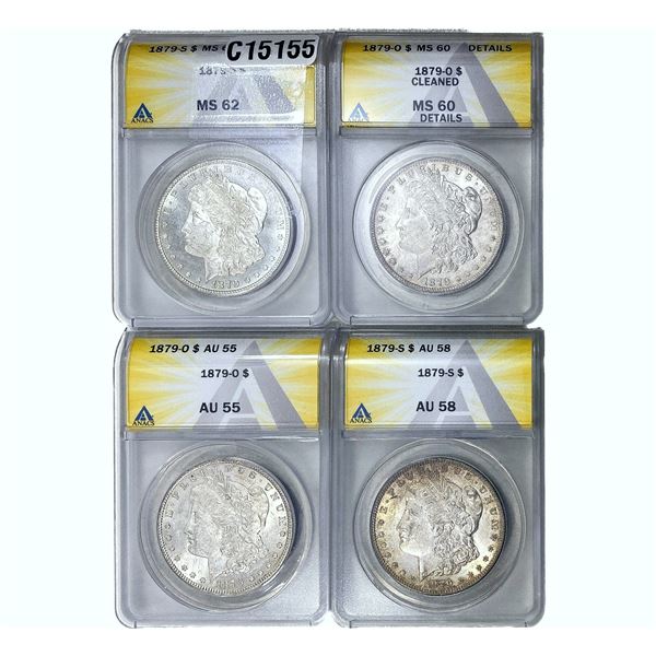 1879-O,S UNC Morgan Silver Dollar [4 Coins] ANACS AU/MS55-62