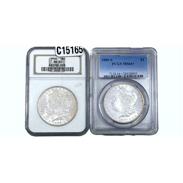 1880-S, 1900 GEM BU Morgan Silver Dollar[2 Coins] PCGS/NGC MS64+/65