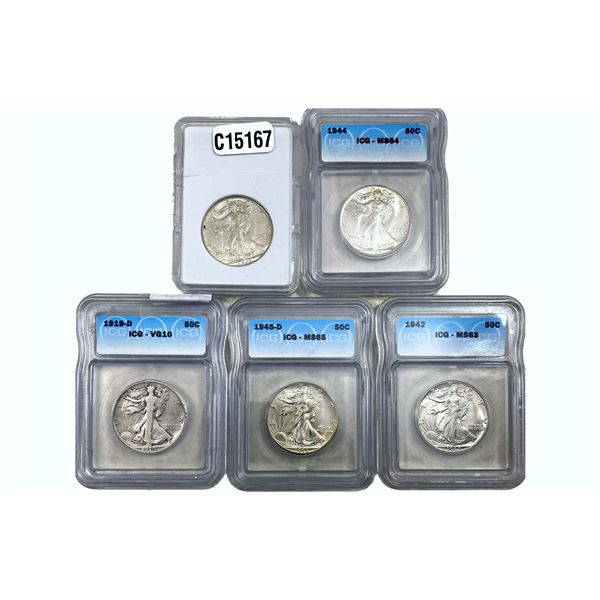 1919-1945 BU Walking Lib Half Dollar[5 Coins] ICG VG-MS10-65