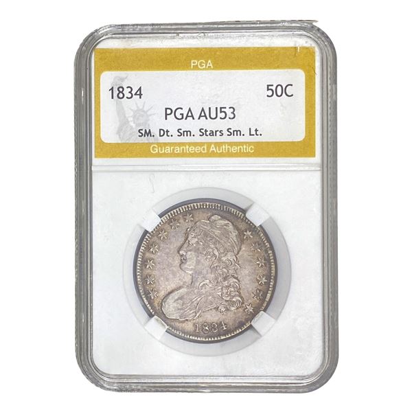 1834 Sm Dt, Sm Stars, Sm Lt Capped Bust Half Dollar PGA AU53