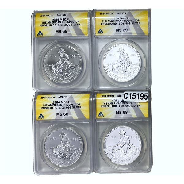 1984 Engelhard 1oz Silver Prospector Medals[4Coins] ANACS MS68/69