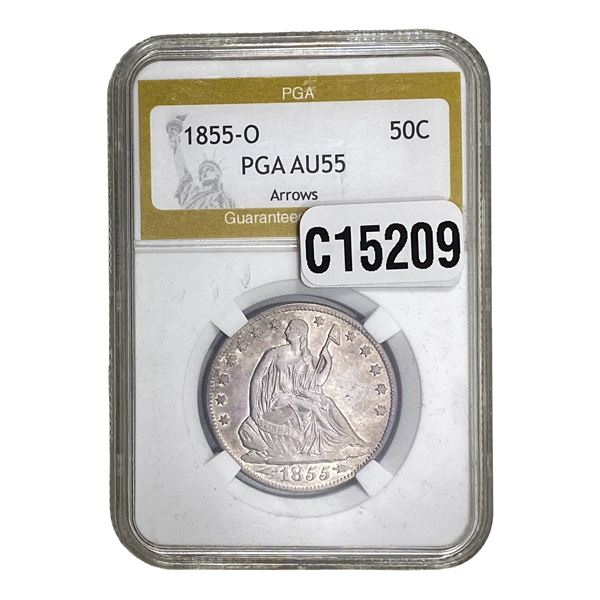 1855-O Arrows Seated Liberty Half Dollar PGA AU55