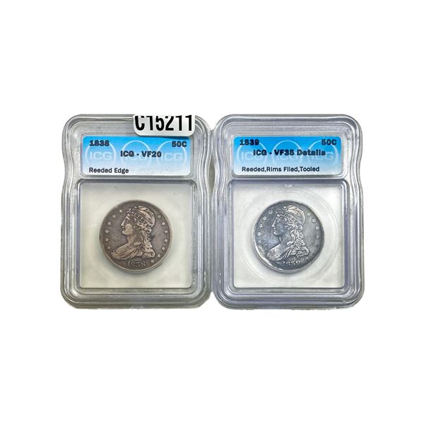 1838-1839 Capped Bust Half Dollar[2 Coins] ICG VF20/35