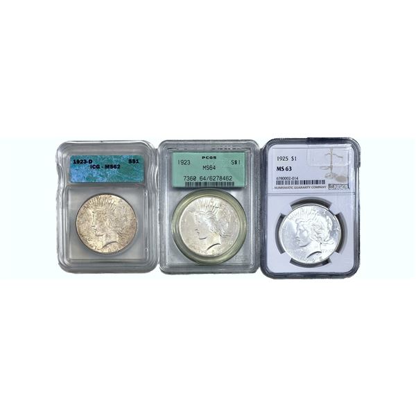 1923-1925 GEM BU Silver Peace Dollar[3Coins] ICG/PCGS/NGC MS62-64