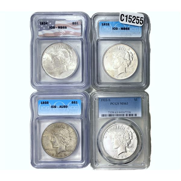 1922-1935 GEM BU Silver Peace Dollar Lot [4 Coins] ICG/PCGS AU/MS50-65