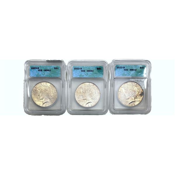 1922-1923 GEM BU Silver Peace Dollar Lot [3 Coins] ICG MS62/63