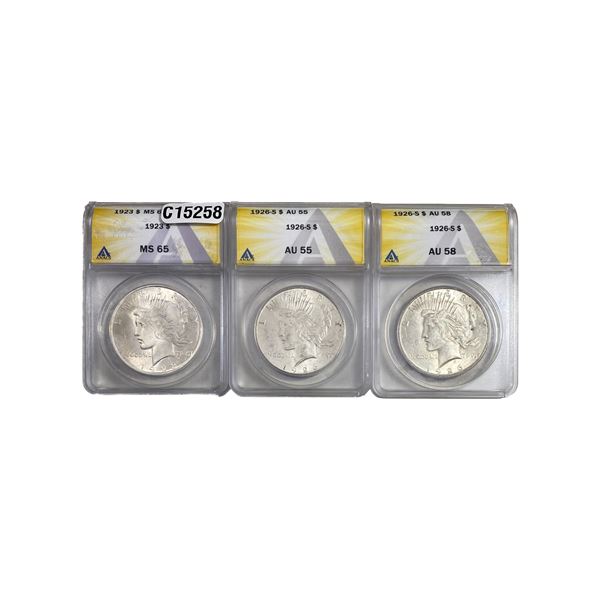 1923-1926 UNC BetterDate Silver Peace Dollar[3Coins] ANACS AU/MS55-65
