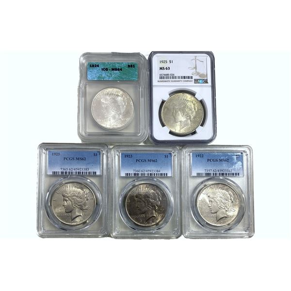 1922-1925 GEM BU SIlver Peace Dollar Lot [5 Coins] ICG/PCGS/NGC MS62-64