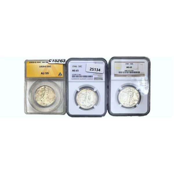 1939-1946 GEM UNC Walking Lib Half Dollar[3 Coins] ANACS/NGC AU/MS55-65