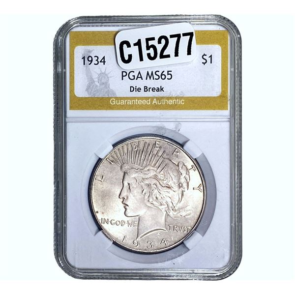 1934 Silver Peace Dollar PGA MS65 Die Break