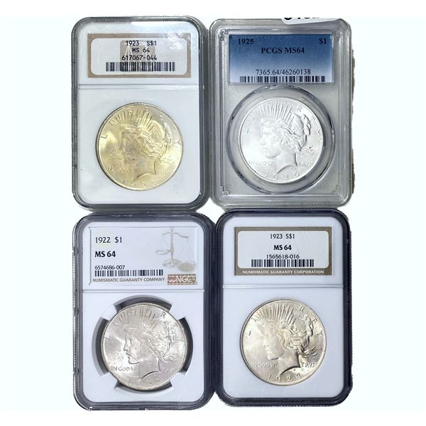 1922-1925 GEM BU Silver Peace Dollar Lot [4 Coins] PCGS/NGC MS64