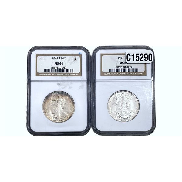 1943-1944 GEM BU Walking Lib Half Dollar[2 Coins] NGC MS64/65